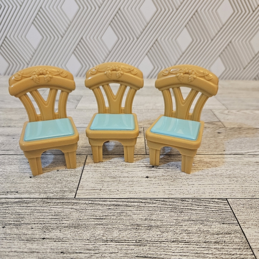 Vintage Fisher Price Loving Family Set of 3 Dining Room Chairs Light Brown/Teal